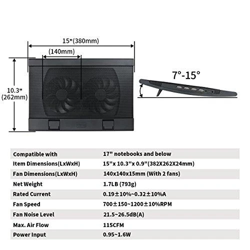 Deepcool | Nešiojamas kompiuteris aušintuvas Wind Pal FS, plonas, nešiojamas, didelio našumo, du 140 mm ventiliatoriai, 2 xUSB Hub, up tp 17" | 382x262x46mm mm | 922g g