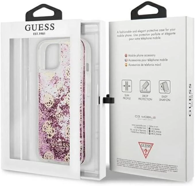 Dėklas GUESS HARDCASE 4G GUHCP13SLGPEPI IPHONE 13 MINI PEONY LIQUID GLITTER Rožinis