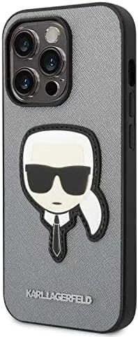 Karl Lagerfeld KLHCP14XSAPKHG Apple iPhone 14 Pro Max 6,7″ sidabrinis kietas dėklas Saffiano Karl`s Head Pat