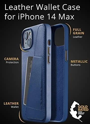 „Mujjo“ odinis piniginės formos dėklas, skirtas „iPhone 15 Plus“ ir „14 Plus“ – „Monaco“ mėlynas