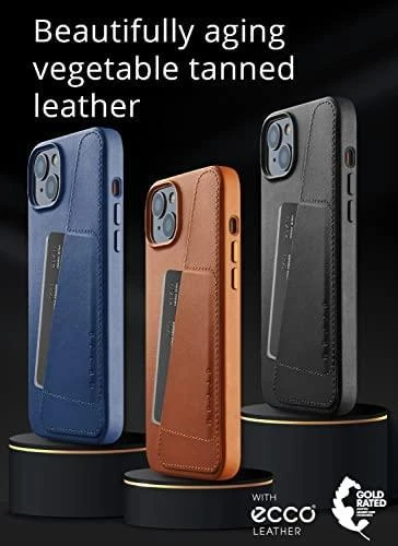 „Mujjo“ odinis piniginės formos dėklas, skirtas „iPhone 15 Plus“ ir „14 Plus“ – „Monaco“ mėlynas