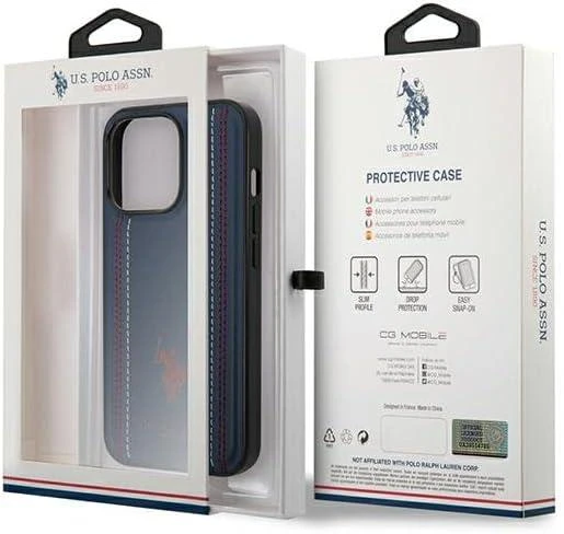 Dėklas „Us Polo Assn“ „US Polo“ USHCP14SPFAV „Apple iPhone 14 / 15 / 13“ 6,1 colio tamsiai mėlynas odinis dygsnis