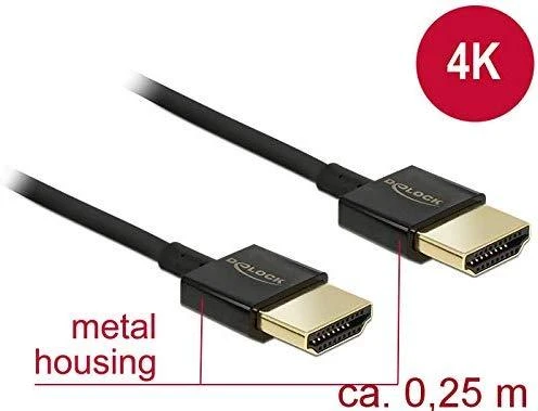 DELOCK kabelis didelės spartos HDMI su eternetu – HDMI-A kištukas > HDMI-A vyriškas 3D 4K 0,25 m plonas aukštos kokybės