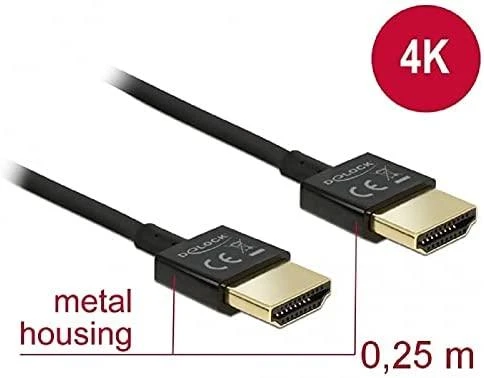 DELOCK kabelis didelės spartos HDMI su eternetu – HDMI-A kištukas > HDMI-A vyriškas 3D 4K 0,25 m plonas aukštos kokybės