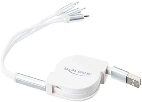 DELOCK USB 3in1 ištraukiamas 8 kontaktų įkrovimo kabelis / Micro USB / USB Type-C baltas