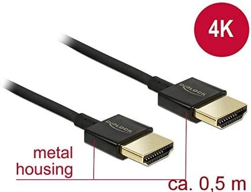 DELOCK kabelis didelės spartos HDMI su eternetu – HDMI-A kištukas > HDMI-A vyriškas 3D 4K 0,5 m Slim Premium