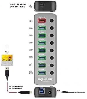Delock USB 3.2 Gen 1 šakotuvas su 7 prievadais + 1 greito įkrovimo prievadu + 1 USB-C™ PD 3.0 prievadu