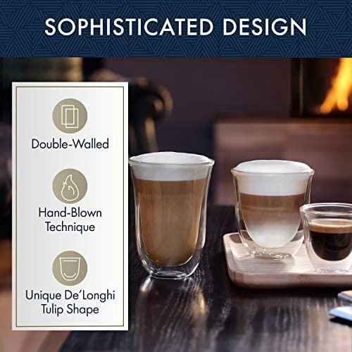 Delonghi kavos stiklinių rinkinys, 2 stiklinės, latte, 220 ml, 2 vnt., atsparios vandeniui, permatomos