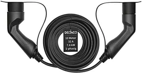 Įkrovimo kabelis DELTACO e-Charge type 2 į type 2, 1 fazė, 32A, 7.6KW, 10M, juodas / EV-12110
