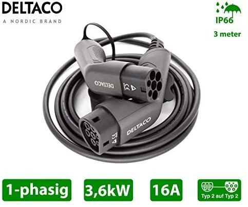 Elektromobilio įkrovimo kabelis DELTACO Type 2 - Type 2, 1 fazės, 16A, 3,6 kW, 7 m, juodas / EV-1207