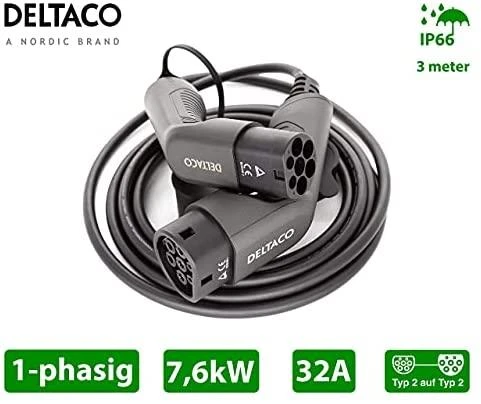 Mennekes Elektromobilio įkrovimo kabelis DELTACO Type 2 - Type 2, 1 fazės, 32A, 7,6 kW, 3 m, juodas / EV-1213