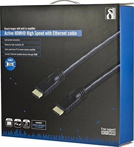 DELTACO aktyvus HDMI laidas, 4K, Ultra HD, HDMI Type A ha, auksinis dengtas, 20m, juodas / HDMI-1200