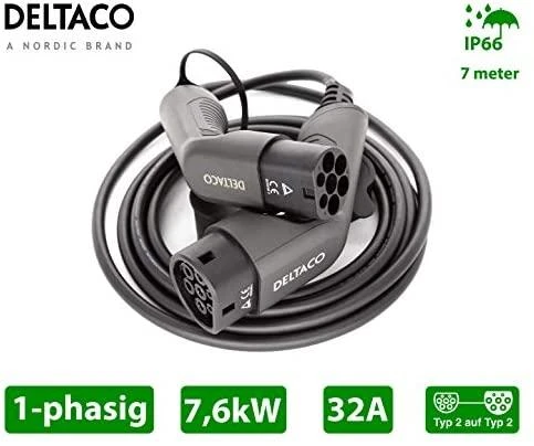 Mennekes Elektromobilio įkrovimo kabelis DELTACO Type 2 - Type 2, 1 fazės, 32A, 7,6 kW, 7 m, juodas / EV-1217