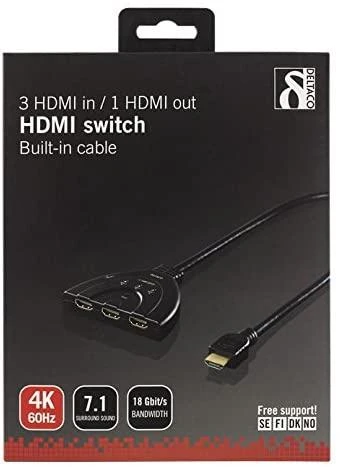 DELTACO HDMI jungiklis, 3 įėjimai į 1 išėjimą, 4K esant 60 Hz dažniui, 0,5 m laidas, 7.1 garsas, Ultra HD, juodas / HDMI-7044