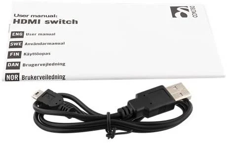 Deltaco HDMI jungiklio instrukcija ir USB maitinimo kabelis