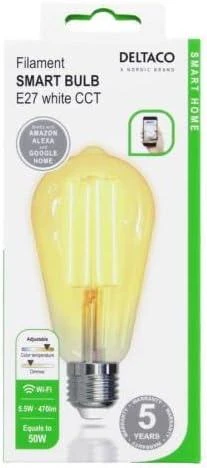 Išmani LED lemputė DELTACO SMART HOME E27, WiFI 2.4GHz, 5.5W, 470lm, 1800K-6500K, 220-240V / SH-LFE27ST64