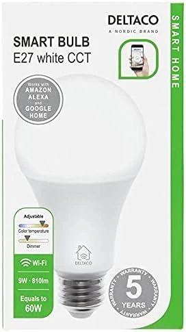 DELTACO SMART HOME LED lemputė, E27, WiFI 2.4GHz, 9W, 810lm, 2700K; 6500K, 220 ;240 V, balta SH-LE27W