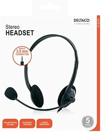 Ausinės DELTACO su mikrofonu, 108dB, 2m kabelis, juodos / HL-21