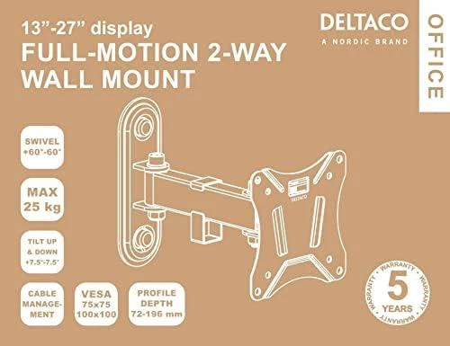2 krypčių sieninis laikiklis DELTACO OFFICE kreipiamas, pasukamas, 13"-27", 25kg, 75x75-100-100, juodas / ARM-0250