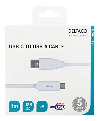 USB-C į USB-A kabelį, 1 m, 3A, USB 2.0, baltas DELTACO / USBC-1009M