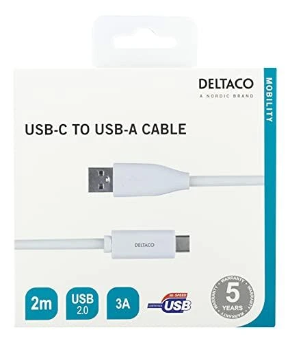 USB-C į USB-A kabelį, 2 m, 3A, USB 2.0, baltas DELTACO / USBC-1011M
