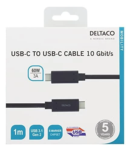 USB-C į USB-C laidas 10 Gbit/s 1m, 60W, 3A DELTACO juoda / USBC-1122M