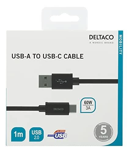 USB-A į USB-C laidas, 1 m, USB 2.0, pintas, juodas DELTACO / USBC-1132M