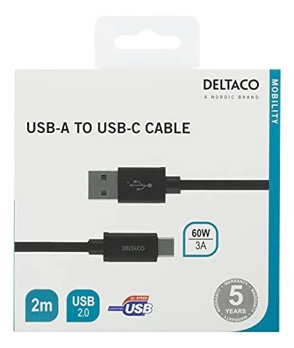 USB-A į USB-C laidas, 2 m, USB 2.0, pintas, juodas DELTACO / USBC-1134M