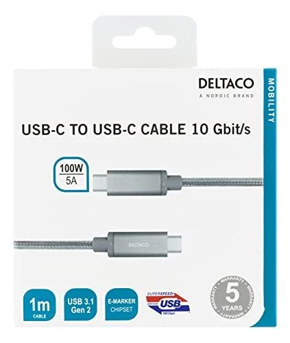 USB-C kabelis DELTACO 1m, SuperSpeed , pintas, USB 3.1 Gen 2, 10 Gbps, 100W, sidabrinė / USBC-1417M