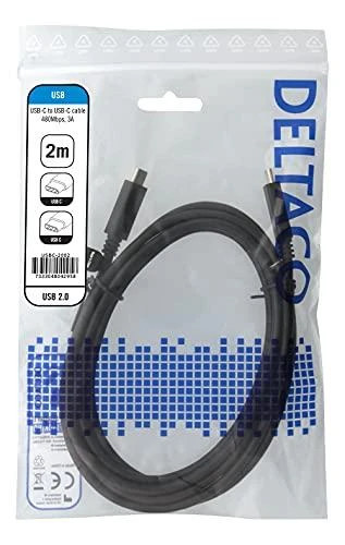 DELTACO USB 2.0 USB-C - USB-C krovimo kabelis, 3A, 2m, juodas USBC-2002