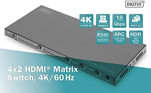 Assmann elektroninis DIGITUS 4x2 HDMI matricinis jungiklis 4K/60Hz skaleris EDID ARC HDCP 2.2 18Gbps