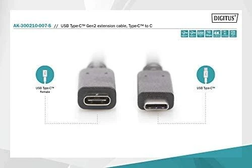 Assmann Electronic ASSMANN USB Type-C ilgintuvo kabelis, tipas C M F 0,7 m, visas funkcijas Gen2 5A 10GB 3.1 Versija CE bl
