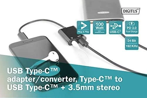 Assmann Electronic ASSMANN USB Type-C skirstytuvo kabelis, tipas C - 3,5 mm+type C M/F/F 0,2m Gen2 5A 10GB Vers. 3.1 CE bl Versija 3.1 CE bl