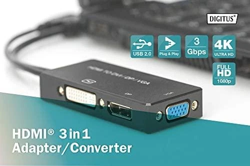 Assmann Electronic ASSMANN HDMI konverteris kabelis HDMI - DP+DVI+VGA M-F/F/F 0 2m 3 in 1 Multi-Media kabelis CE bl auksinis
