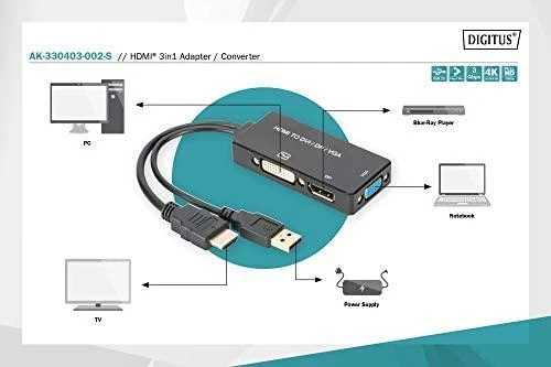 Assmann Electronic ASSMANN HDMI konverteris kabelis HDMI - DP+DVI+VGA M-F/F/F 0 2m 3 in 1 Multi-Media kabelis CE bl auksinis