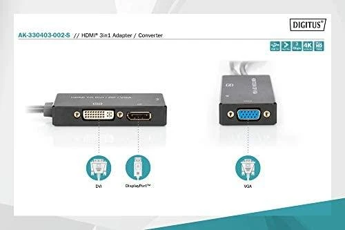 Assmann Electronic ASSMANN HDMI konverteris kabelis HDMI - DP+DVI+VGA M-F/F/F 0 2m 3 in 1 Multi-Media kabelis CE bl auksinis