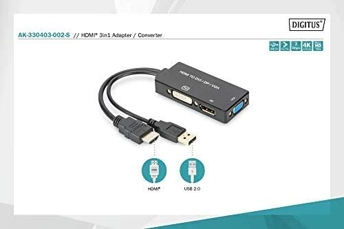 Assmann Electronic ASSMANN HDMI konverteris kabelis HDMI - DP+DVI+VGA M-F/F/F 0 2m 3 in 1 Multi-Media kabelis CE bl auksinis