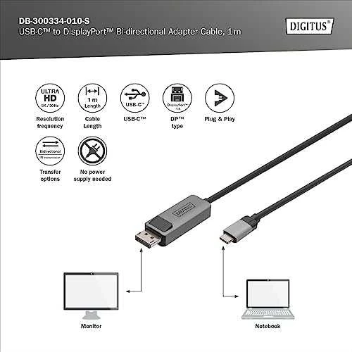 Digitus USB-C į DisplayPort kabelis su specifikacijų schema