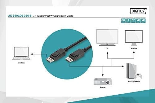 Assmann Electronic ASSMANN DisplayPort prijungimo kabelis DP M/M 3m su užraktu UHD 8K Vers. 1,3/1,4 mlrd