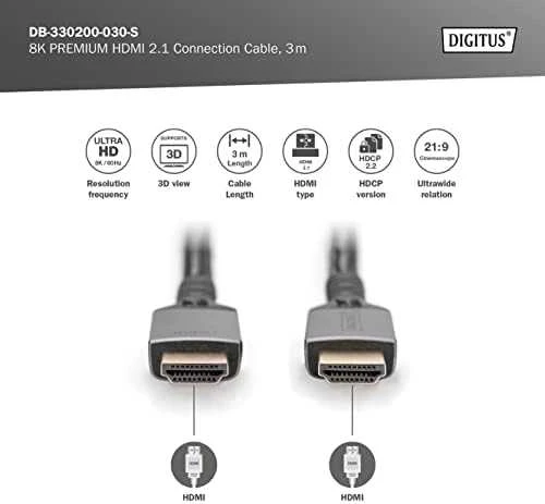 „Digitus“ | 8K PREMIUM HDMI 2.1 jungiamasis kabelis | DB-330200-030-S | HDMI kištukas (A tipo) | HDMI kištukas (A tipo) | HDMI į HDMI | 3 m