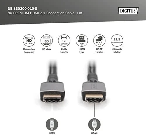Digitus HDMI 2.1 laidas su techninių parametrų schema