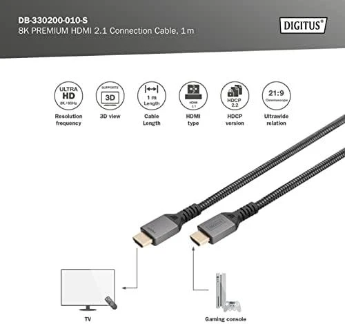 „Digitus“ | 8K PREMIUM HDMI 2.1 jungiamasis kabelis | DB-330200-010-S | HDMI kištukas (A tipo) | HDMI kištukas (A tipo) | HDMI į HDMI | 1 m