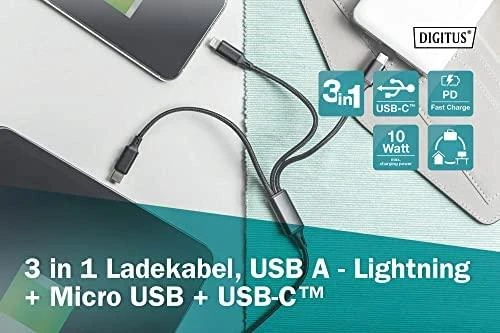 Assmann Electronic ASSMANN USB įkroviklio laidas USB A - Lightning+micro B+Type-C 1m 3in1 kabelis medvilnė CE bl