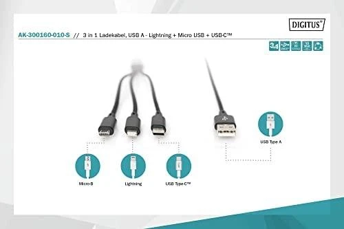 Assmann Electronic ASSMANN USB įkroviklio laidas USB A - Lightning+micro B+Type-C 1m 3in1 kabelis medvilnė CE bl
