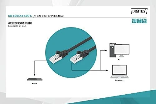 „Digitus CAT6 RJ45“ pataisos kabelis, 10,0 m, S-FTP AWG 27/7 LSZH, juodos spalvos