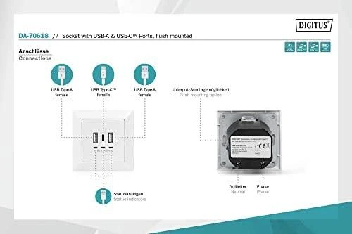 Digitus Skaitmenas | Lizdas su USB A ir USB-C prievadais, įmontuotas