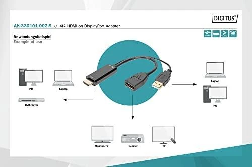 Assmann Electronic DIGITUS HDMI M to DP F su išoriniu maitinimu 4K 30Hz 2m Juodas