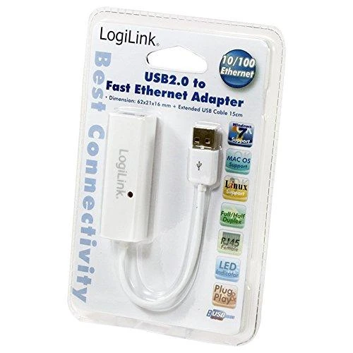 LogiLink Prisijungti | Greitasis Ethernet USB 2.0–RJ45 adapteris: | 0,115 m | Baltas | USB-A iki RJ45