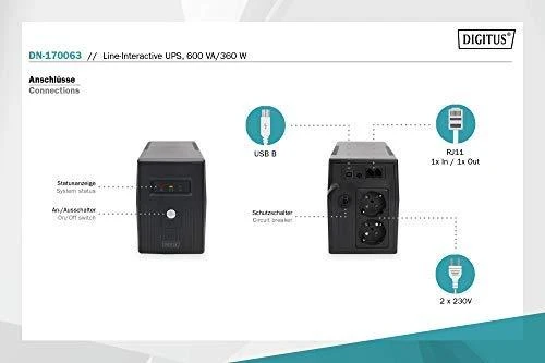 Assmann Electronic DIGITUS Line-Interactive UPS 600VA/360W 12V/7Ah x1 baterija 2x CEE 7/7 AVR RJ-11 LED ekranai