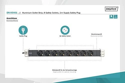 Assmann Electronic DIGITUS 19inch Outlet stripe aliuminio 8x Schuko juodas 16A 4000W In 1x Schuko incl.metal mount kit